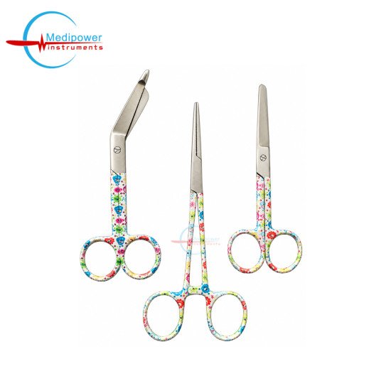 Set of 3 Pieces Artery Forceps 6", Nursing Scissors 5" & Bandage Scissors 5.5" – Bugs Print Stainless Steel Medical Instrument Set