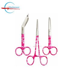Pink Lover Hearts Medical Instrument Set | 6" Artery Forceps, 5" Nursing Scissors & 5.5" Bandage Scissors