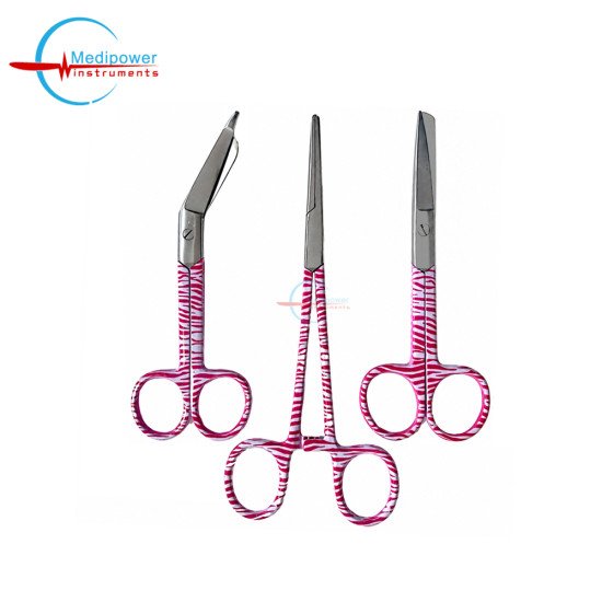 Set of 3 Pieces Artery Forceps 6", Nursing Scissors 5" & Bandage Scissors 5.5" – Pink Zebra Print Stainless Steel Medical Instrument Set