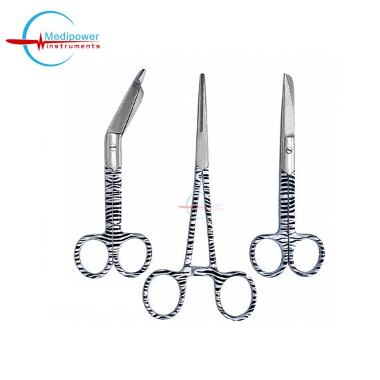 Set of 3 Black Zebra Medical Instruments – 5" Nursing Scissors, 5.5" Bandage Scissors & 6" Artery Forceps | Stainless Steel Surgical Instrument Kit