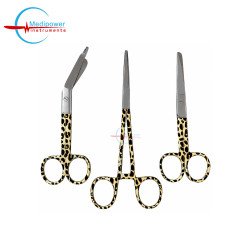 Set of 3 Leopard Yellow Medical Instruments – 5" Nursing Scissors, 5.5" Bandage Scissors & 6" Artery Forceps | Stainless Steel Surgical Instrument Set
