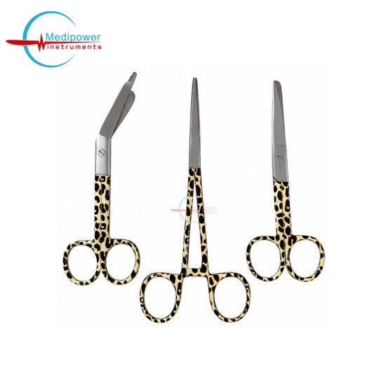 Set of 3 Leopard Yellow Medical Instruments – 5" Nursing Scissors, 5.5" Bandage Scissors & 6" Artery Forceps | Stainless Steel Surgical Instrument Set