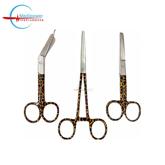 SET of 3 Pieces Nursing Scissors 5",Bandge Scissors  5.5", Artery Forceps 6"  Leopard Dark Brown