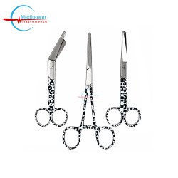 Set of 3 Black Leopard Medical Instrument Kit – 5" Nursing Scissors, 5.5" Bandage Scissors & 6" Artery Forceps