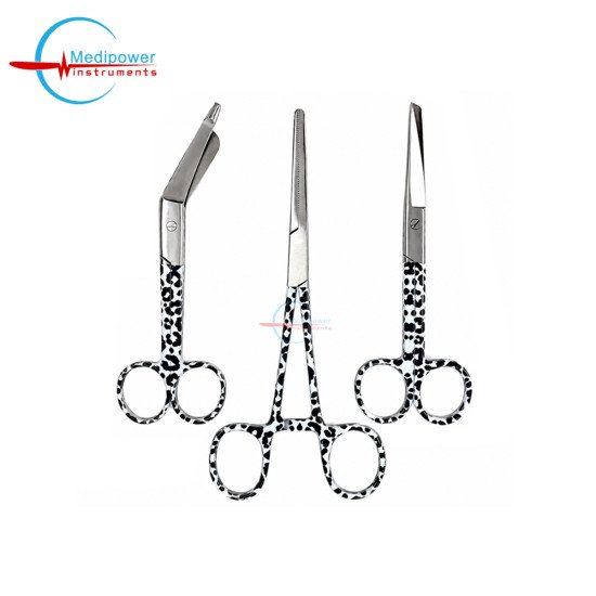 Set of 3 Black Leopard Medical Instrument Kit – 5" Nursing Scissors, 5.5" Bandage Scissors & 6" Artery Forceps
