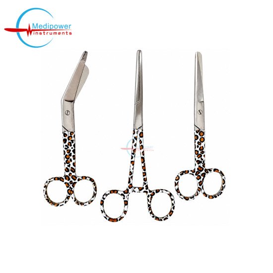 Set of 3 White Leopard Medical Instrument Kit – 5" Nursing Scissors, 5.5" Bandage Scissors & 6" Artery Forceps
