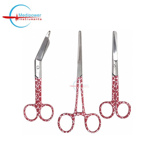 Set of 3 Giraffe Medical Instruments – 5" Nursing Scissors, 5.5" Bandage Scissors & 6" Artery Forceps (Clinics, Nursing & First Aid)