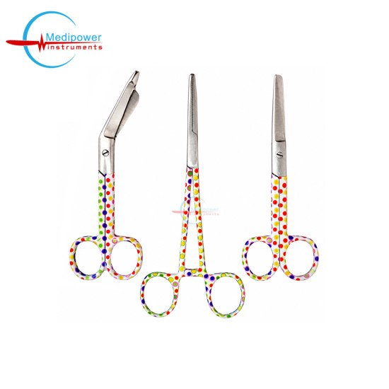 Set of 3 Colorful Polka Dot Stainless Steel Medical Instruments – 5" Nursing Scissors, 5.5" Bandage Scissors & 6" Artery Forceps