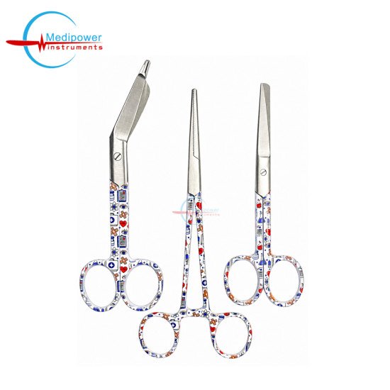 Healthcare Print Stainless Steel Medical Instrument Set – Nursing Scissors, Bandage Scissors & Artery Forceps