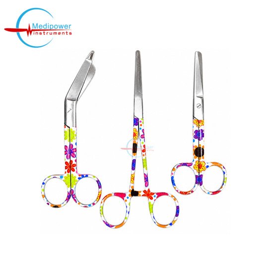 Colorful Flowers Surgical Healthcare Instrument Kit – 5" Nursing Scissors, 5.5" Bandage Scissors & 6" Artery Forceps 