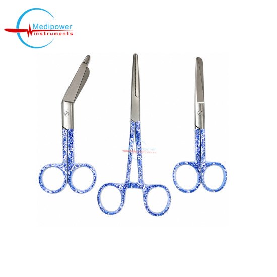 Blue Floral Medical Instruments – 5" Nursing Scissors, 5.5" Bandage Scissors & 6" Artery Forceps | Stainless Steel Surgical Instrument Set