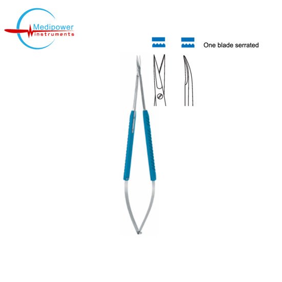 Micro Scissors (2000) One Blade Serrated  With Blue Anodized Round Handles