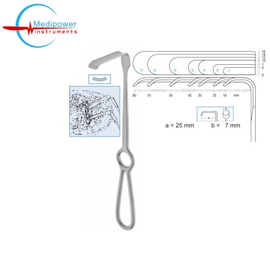 Obwegeser Soft Tissue Retractor, 22.5cm, Working Length (a = 25mm), Width (b = 7mm), (Curved Down)
