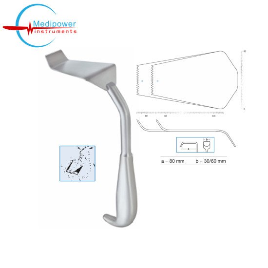Obwegeser Iliac crest retractors, 22cm, Working Lenght (a = 80mm), Width (b = 30/60mm)