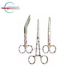 Set of 3 Floral Pattern Medical Instruments – 5" Nursing Scissors, 5.5" Bandage Scissors & 6" Artery Forceps | Stainless Steel Surgical Instrument Set