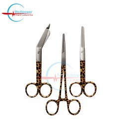 SET of 3 PCS Artery forceps 6", Nursing scissor 5", Bandage scissor 5.5" Leopard Style