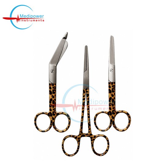 SET of 3 PCS Artery forceps 6", Nursing scissor 5", Bandage scissor 5.5" Leopard Style
